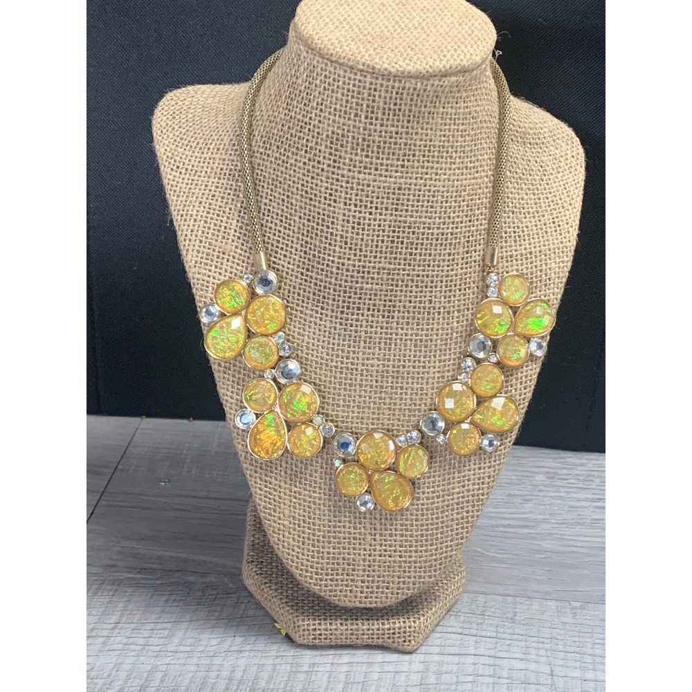 Yellow Faux Opal Iridescent Bib Necklace Gold Tone Mesh Chain Rhinestone 18 Inch